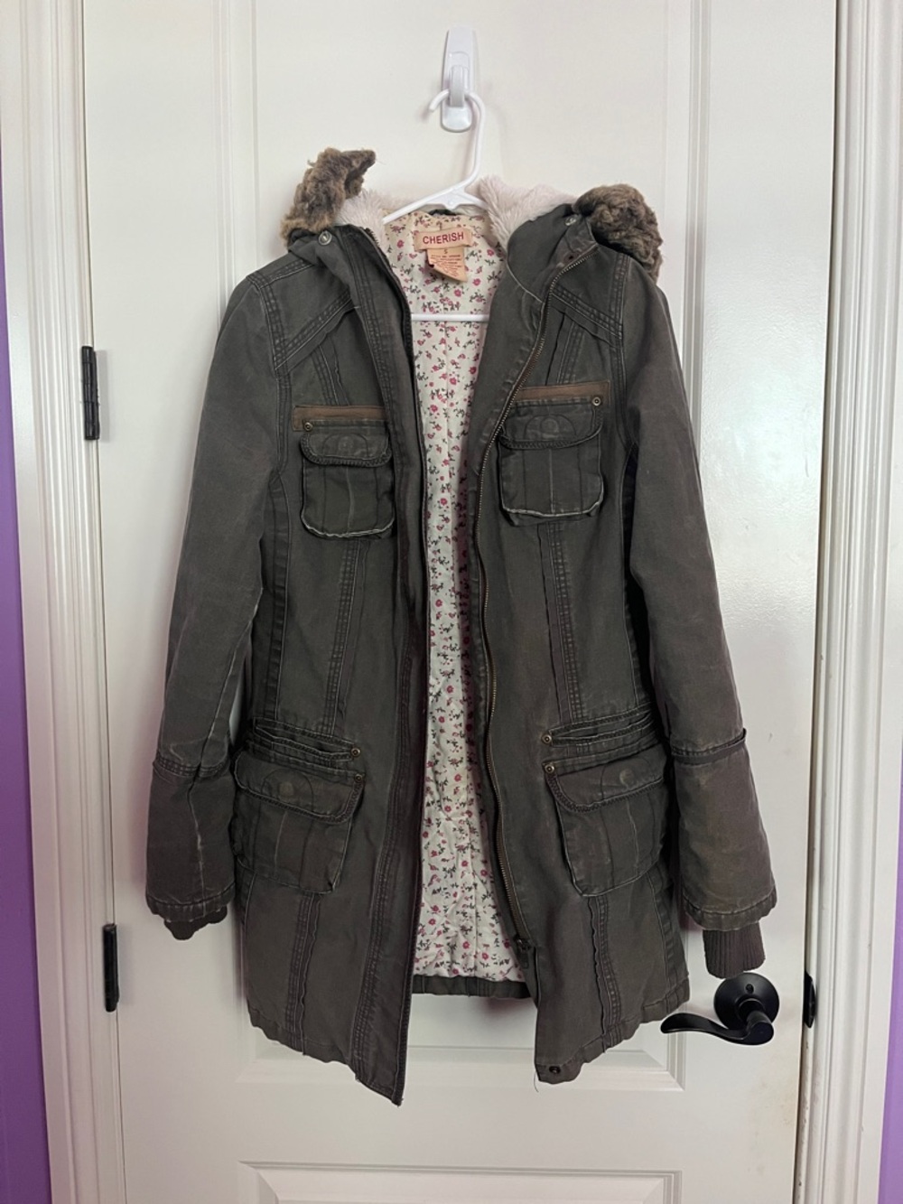 Olive Green Parka Jacket Faux Fur Hood Utility Coat Size S